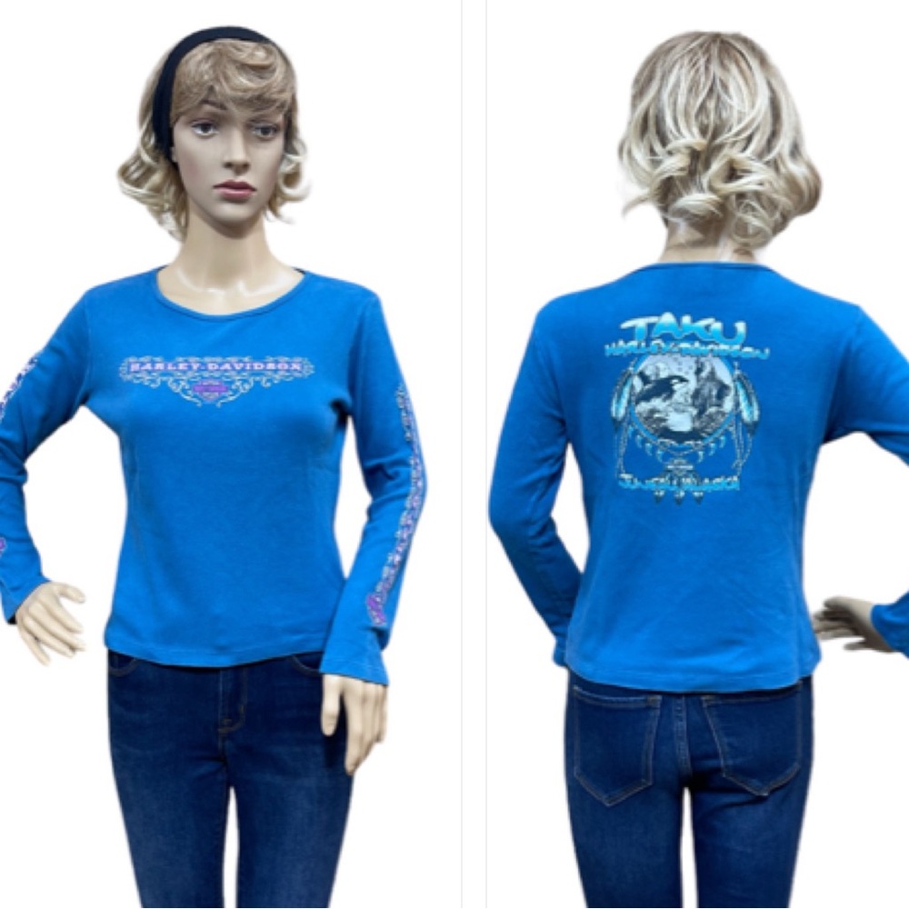 HARLEY-DAVIDSON Women’s Blue Crop Top Long Sleeve Tee Shirt Size Small